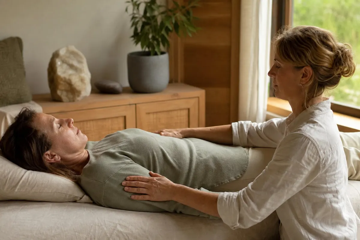 Een Reiki-behandelaar plaatst met toestemming haar handen op de bovenarmen van een geklede cliënt