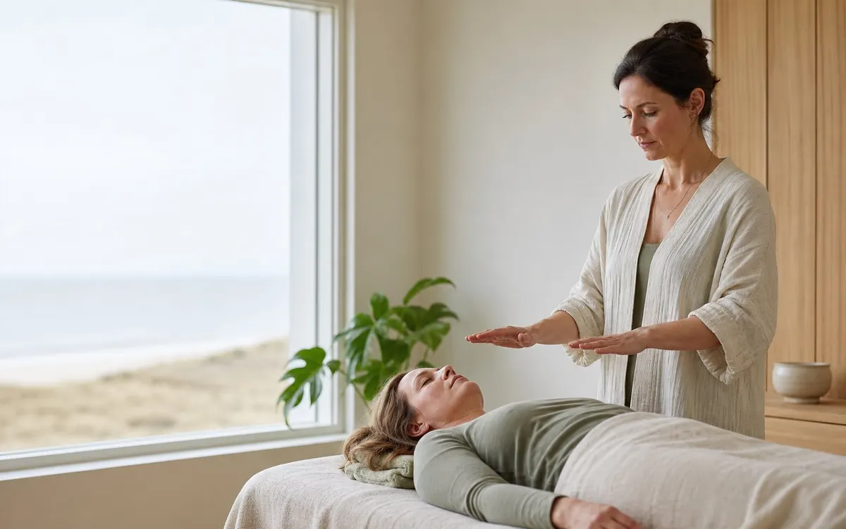Een Reiki-behandelaar houdt haar handen boven een cliënt in een rustige, lichte behandelruimte