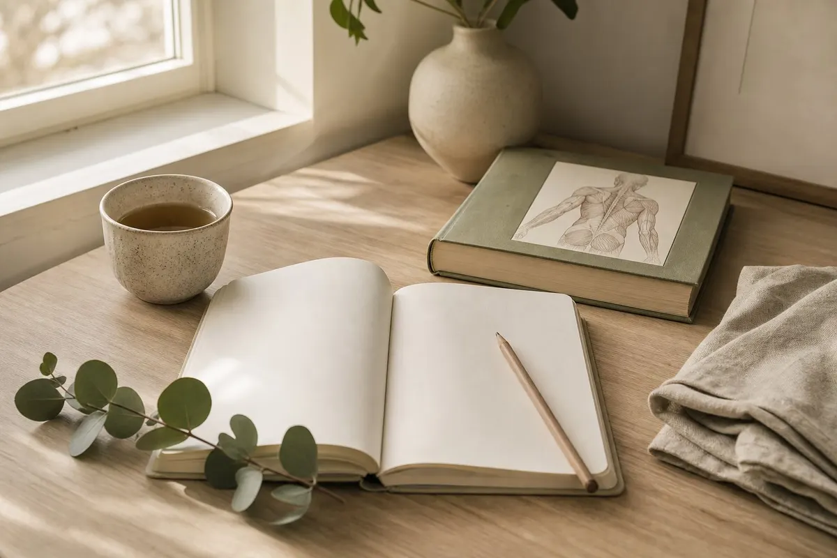 Open notitieboek, thee en een anatomieboek op een houten tafel